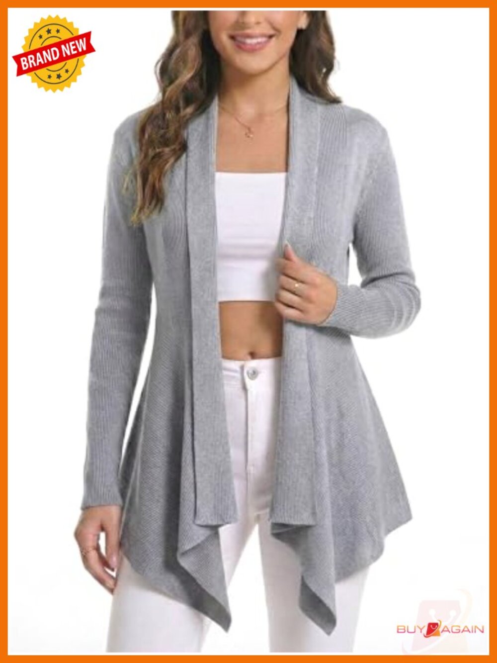 Women's Ribbed Knit Open Front Draped Cardigan Long Sleeve Asymmetrical Hem